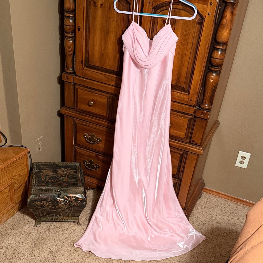 Aspeed Light Pink Strapless Satin with chiffon overlay Evening Gown